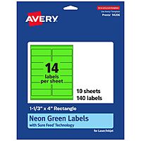 Avery Printable Neon Green Rectangle Labels, Sure Feed Technology, 1-1/3" x 4"