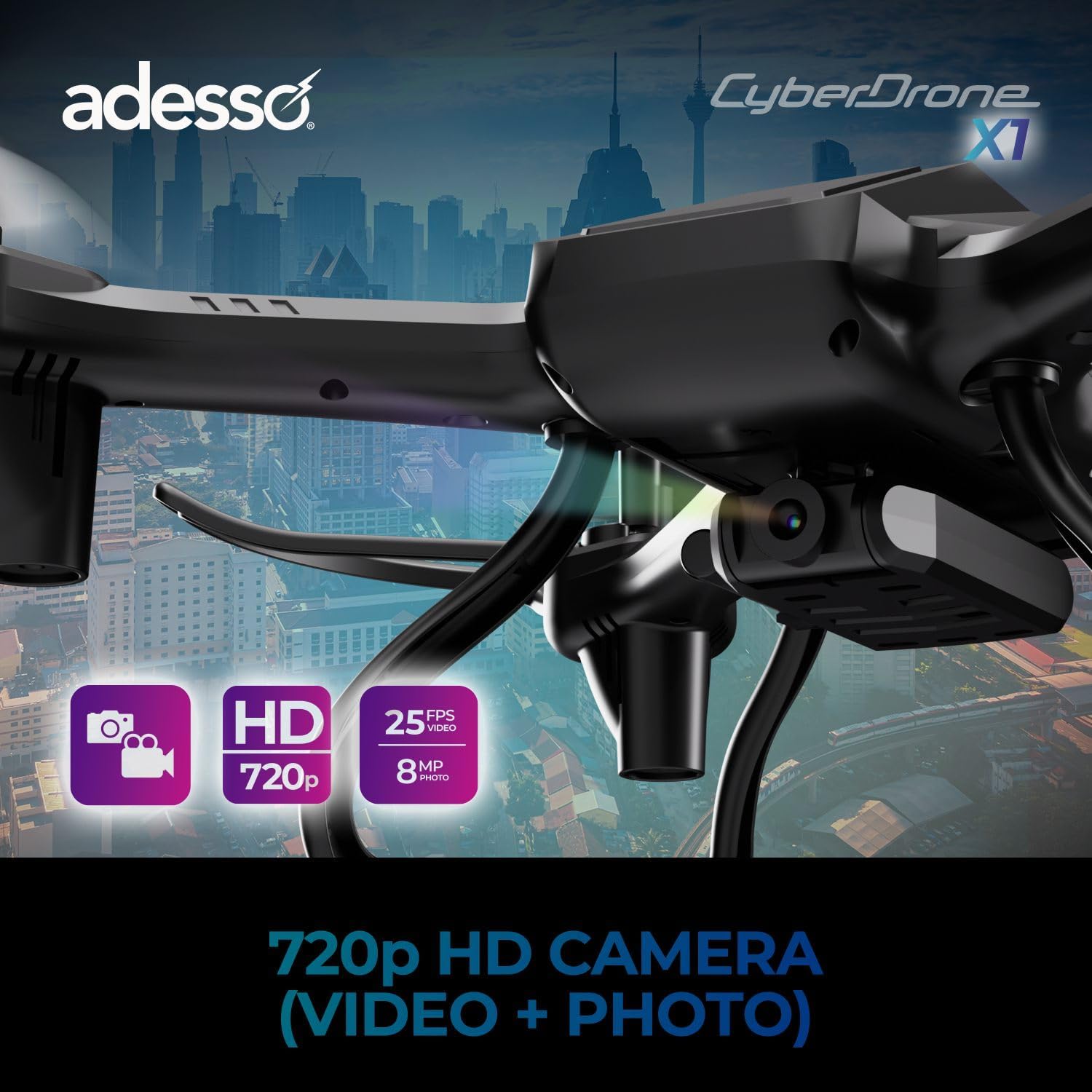 Adesso CyberDrone X1 Lightweight Remote Controlled Drone with 2.4GHz Controller Altitude Hold Headless Mode 3D Flips 720P