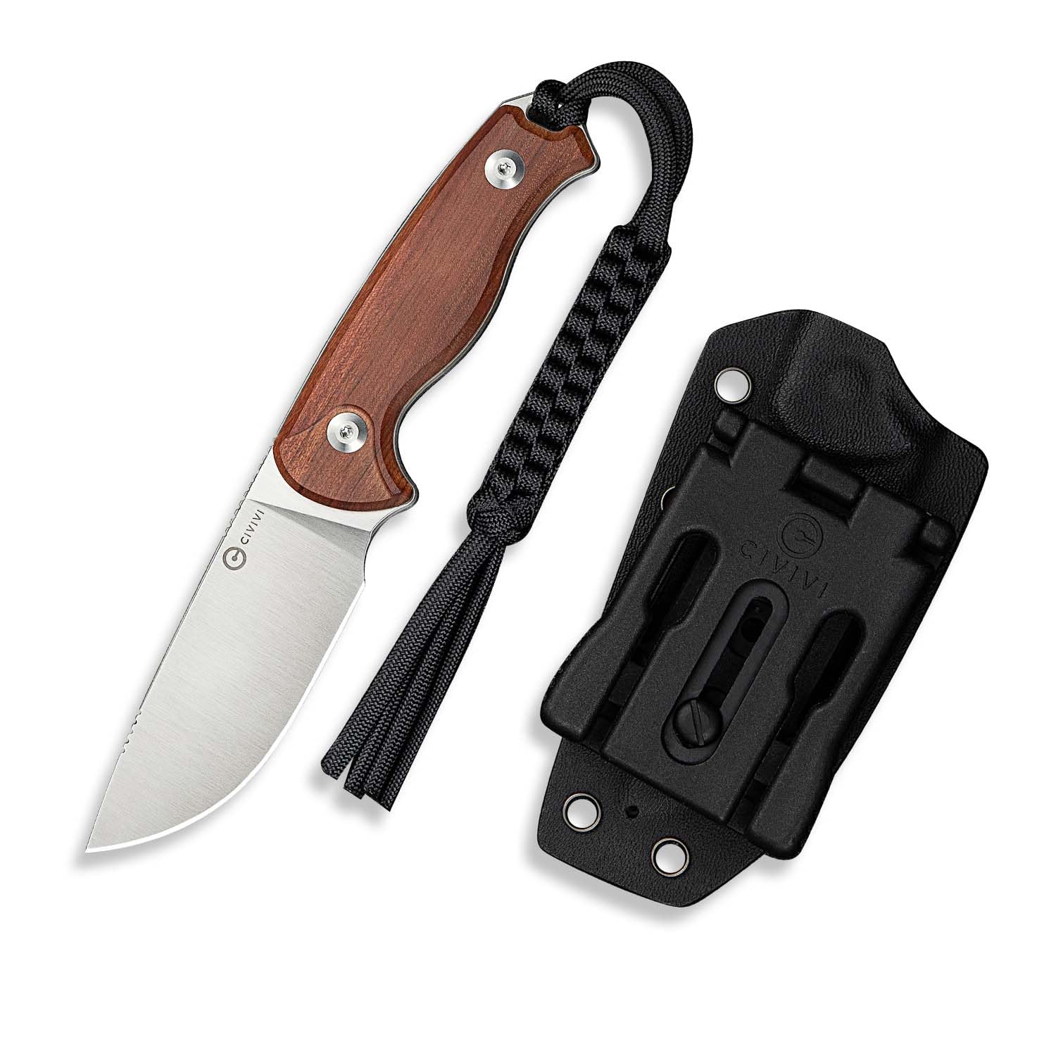 CIVIVI Timberbark Fixed Blade Knife with Kydex Sheath & Clip, 3.2" 14C28N Blade Wood Handle with Lanyard