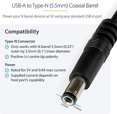 StarTech.com USB-A to Coaxial Barrel 5V Power Cable