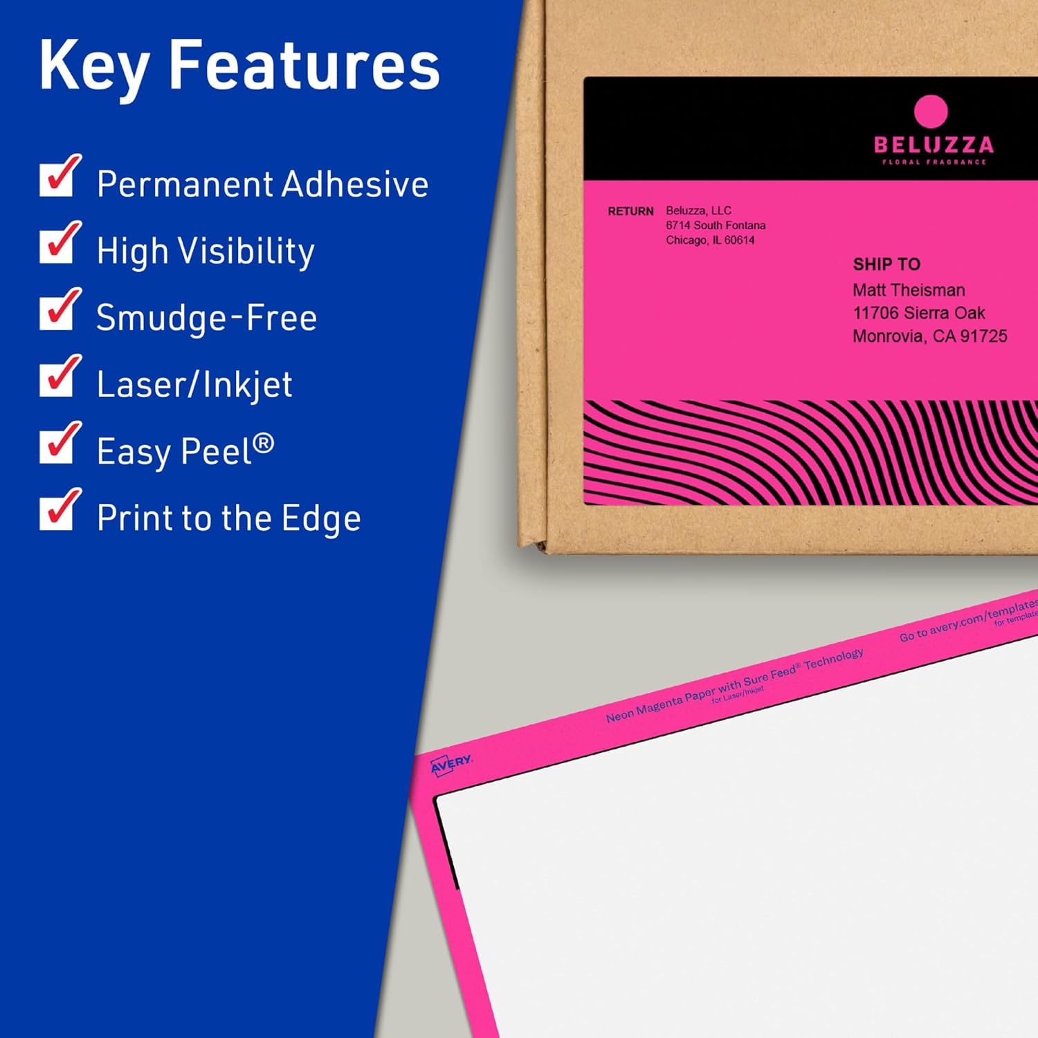 Avery Printable Rectangle Labels, Sure Feed Technology, 4-3/4" x 7-3/4", Neon Magenta Labels, Print-to-The-Edge