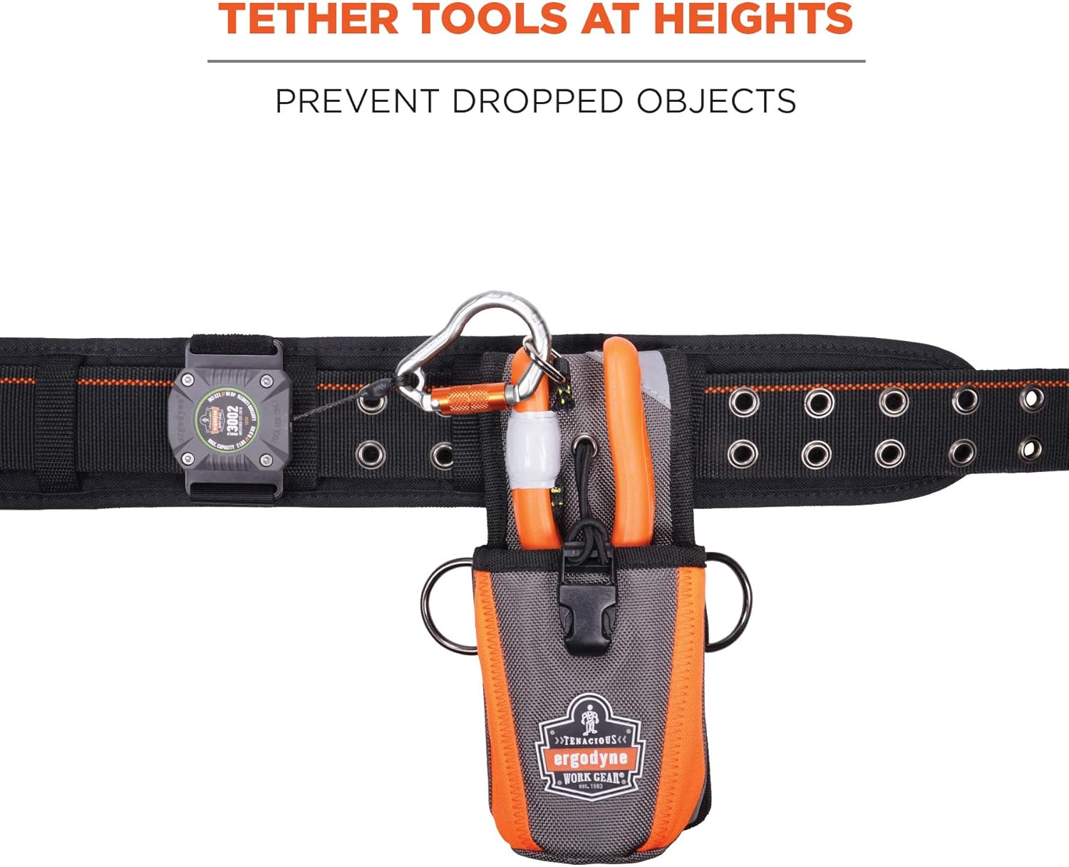 Ergodyne Squids 3002 Retractable Tool Lanyard with Locking Carabiner, Straps to Attach to Belt or Harness, Gray, Standard