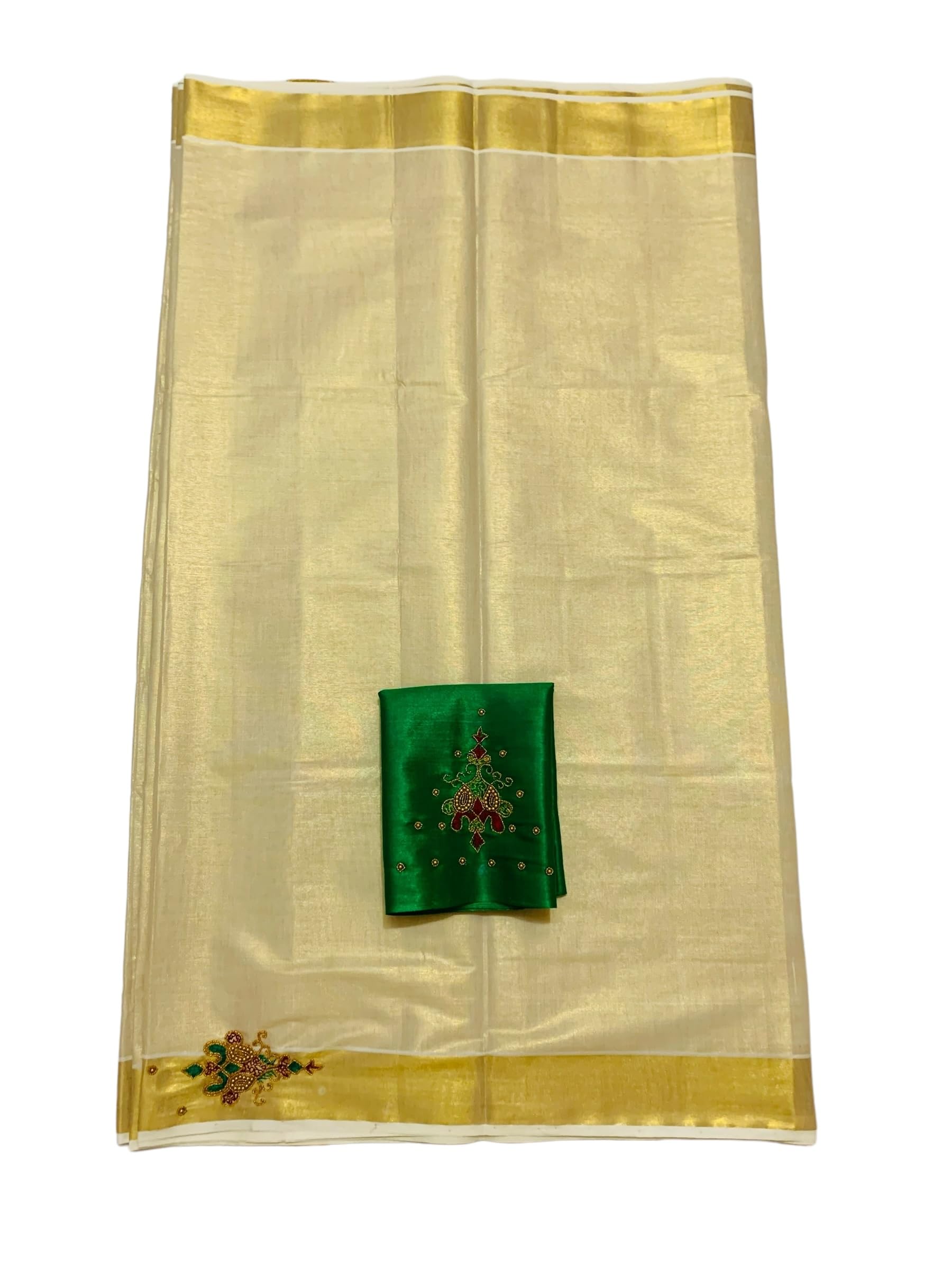 Kuthampully Kerala Kasavu Saree Tissue | Traditional South Indian Designer Indian Saree | Onam Saree | Kerala Saree - EKM-834 (Green)