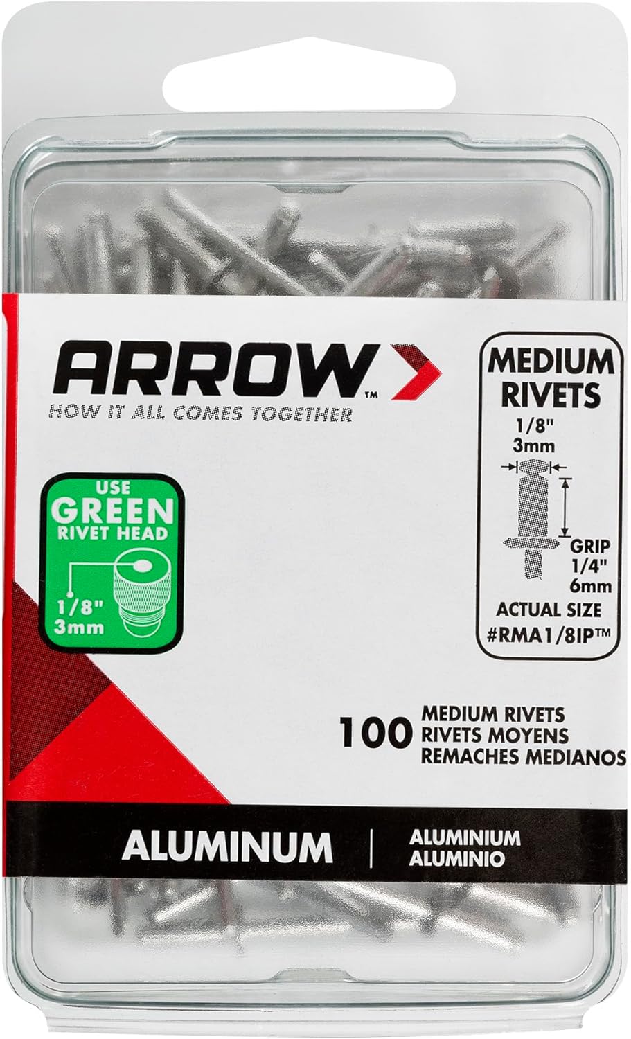 Arrow RMA1/8IP Medium Aluminum 1/8-Inch Pop Rivets for Metal, Fabric, Leather, and Auto Repair, 100-Pack 1/8 in. x 1/4 in.