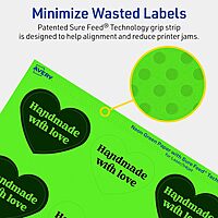 Avery Printable Heart Labels, Sure Feed Technology, 2-9/32 x 1-27/32, Neon Green, Print-to-The-Edge, Laser/Inkjet Compatible