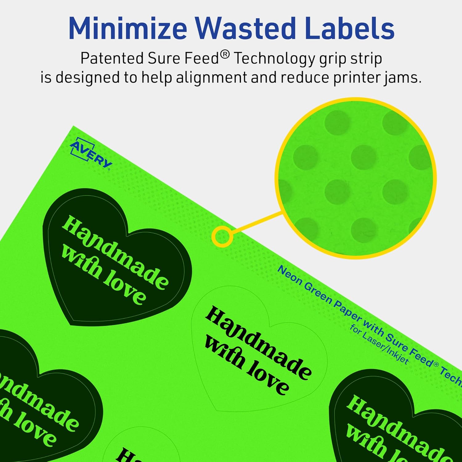 Avery Printable Heart Labels, Sure Feed Technology, 2-9/32 x 1-27/32, Neon Green, Print-to-The-Edge, Laser/Inkjet Compatible
