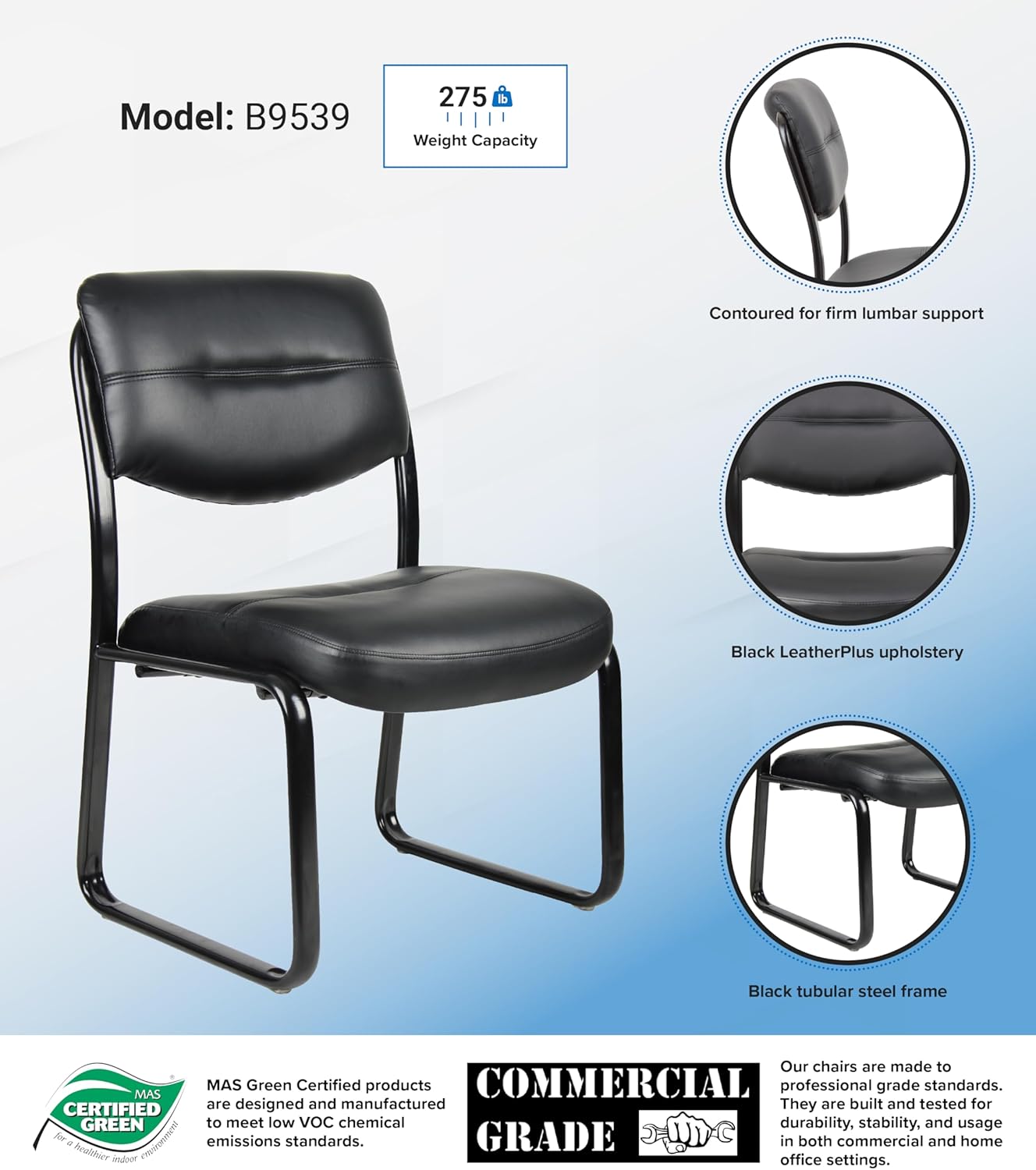 Boss Office Products LeatherPlus Bonded Leather Guest Chair, Black