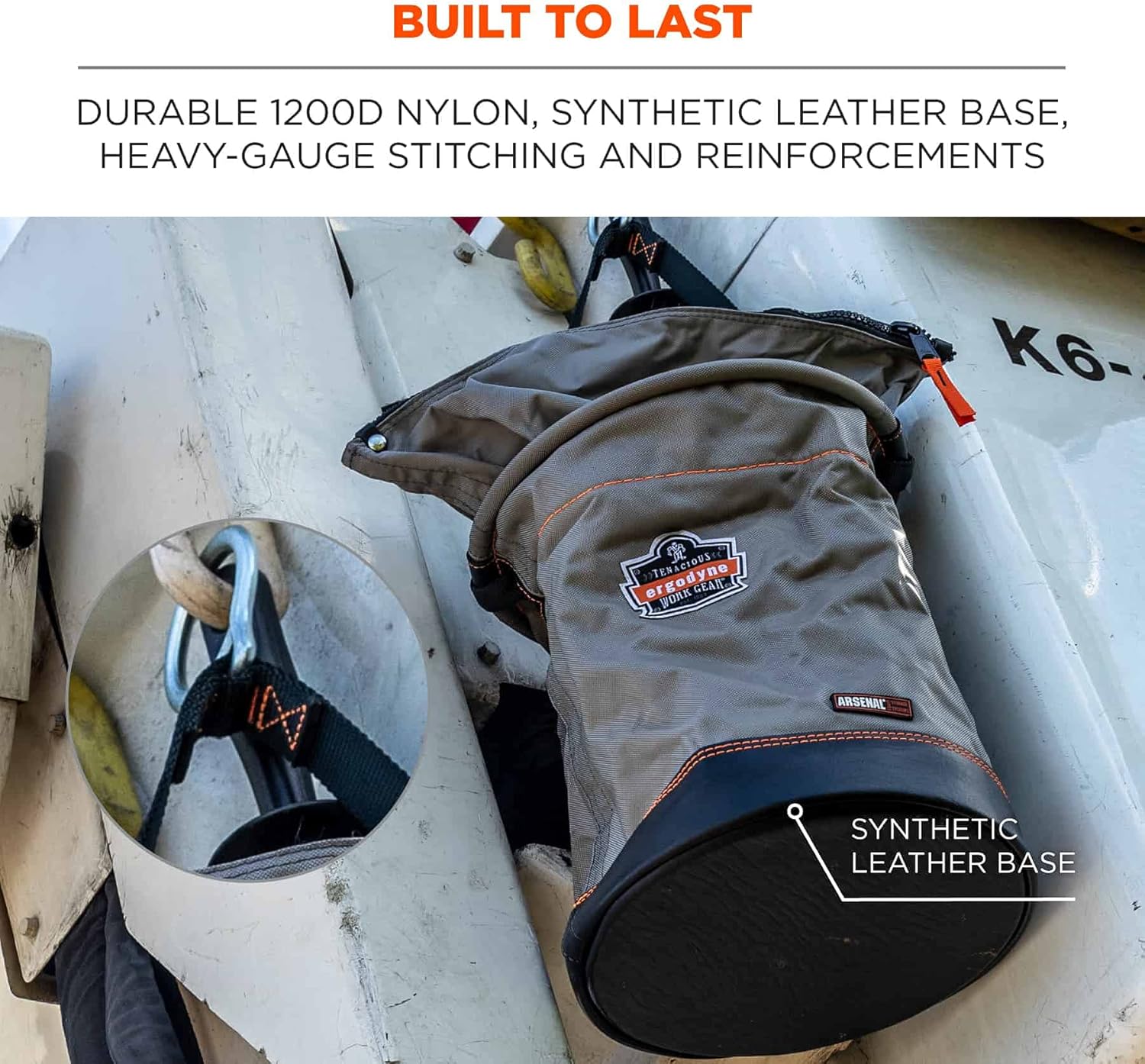Ergodyne Arsenal 5973 Large Nylon Hoist Bucket Tool Bag - D-Rings, Zipper Top, Gray