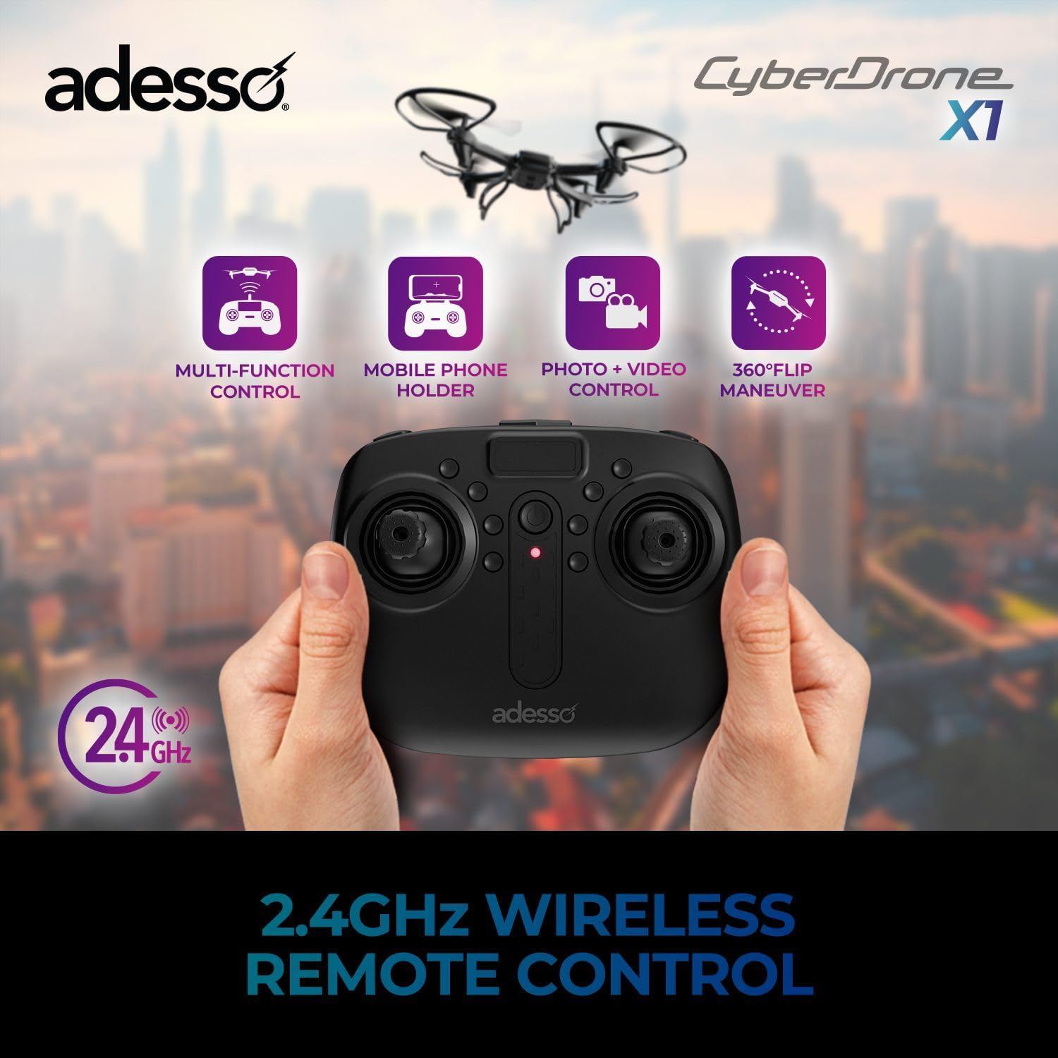 Adesso CyberDrone X1 Lightweight Remote Controlled Drone with 2.4GHz Controller Altitude Hold Headless Mode 3D Flips 720P