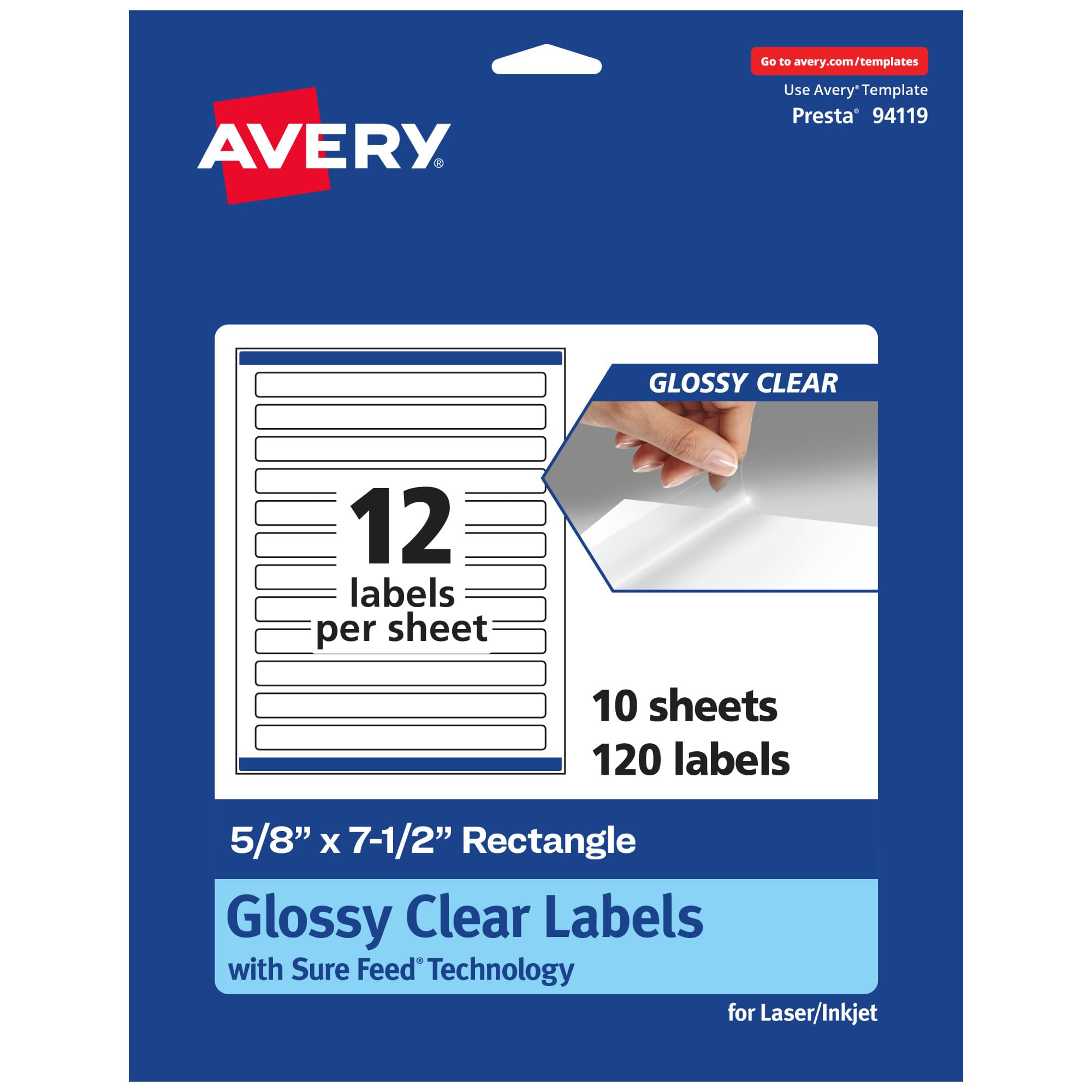 AVERY Glossy Clear Rectangle Labels, Sure Feed Technology, 5/8" x 7-1/2", Print-to-The-Edge, Laser/Inkjet Printable