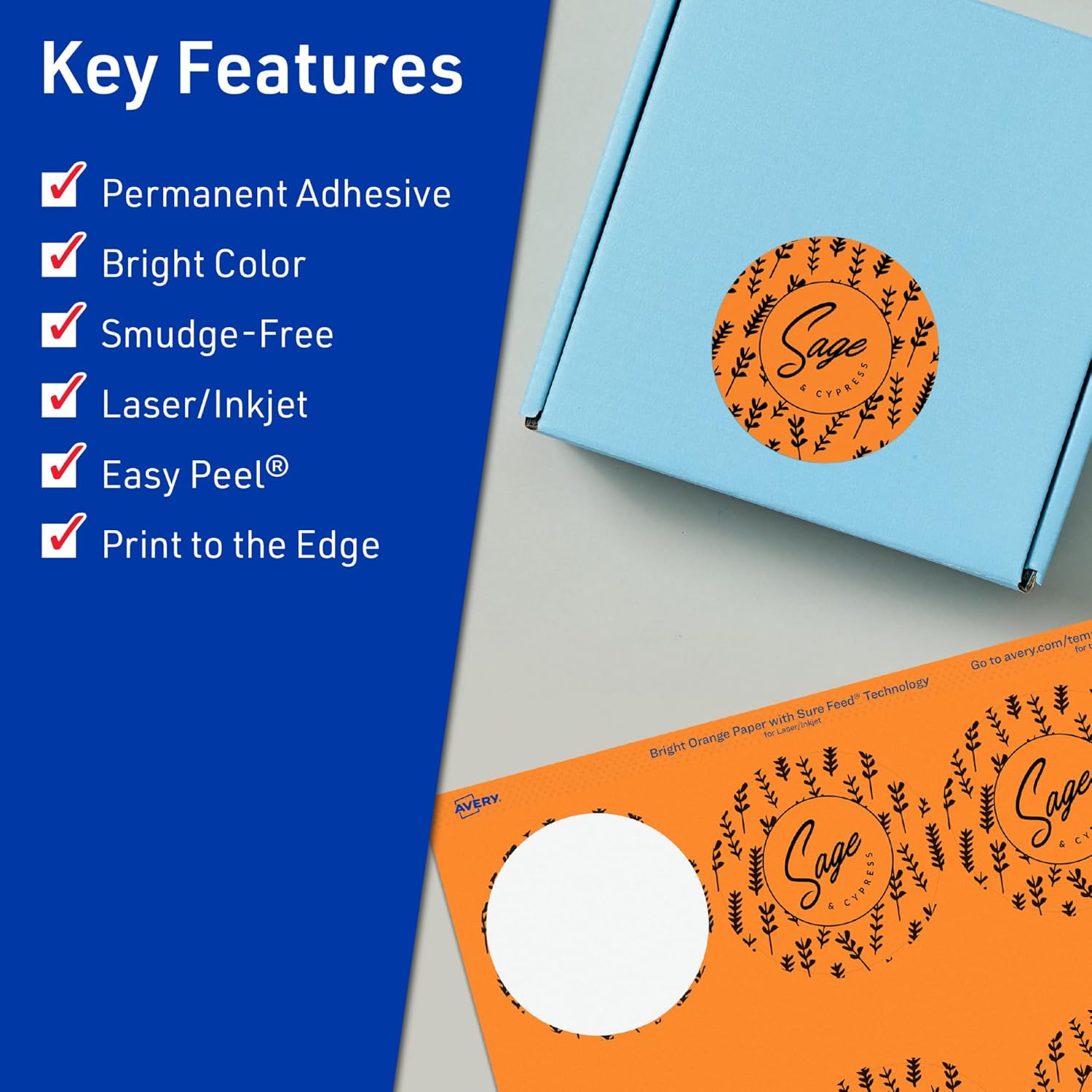 Avery Printable Round Labels, Sure Feed Technology, 2-3/4" Diameter, Bright Orange Labels, Print-to-The-Edge