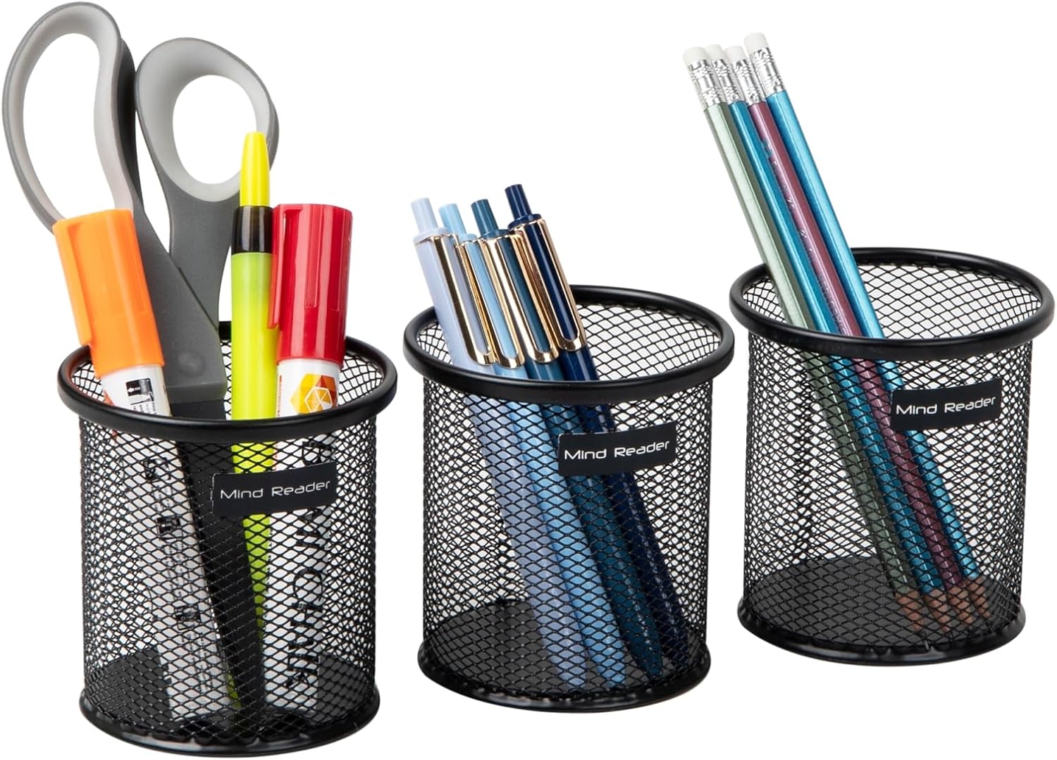 Mind Reader Pen and Accessories Holder, Desktop Organizer, Office, Metal Mesh, 3.5" L x 3.5" W x 3.75" H, Set of 3, Black
