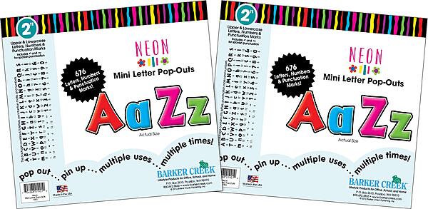 Barker Creek 2" Letter Pop-Outs 2-Pack, Neon, Jazz Up Your Bulletin Boards with These Colorful Letters, 1352 Upper and Lowercase Letters, Numbers & Punctuation Marks, 2" (3651)