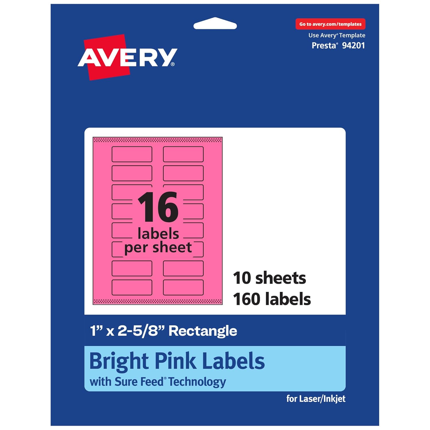 Avery Printable Rectangle Labels, Sure Feed Technology, 1" x 2-5/8", Bright Pink, Print-to-The-Edge, Laser/Inkjet Printable