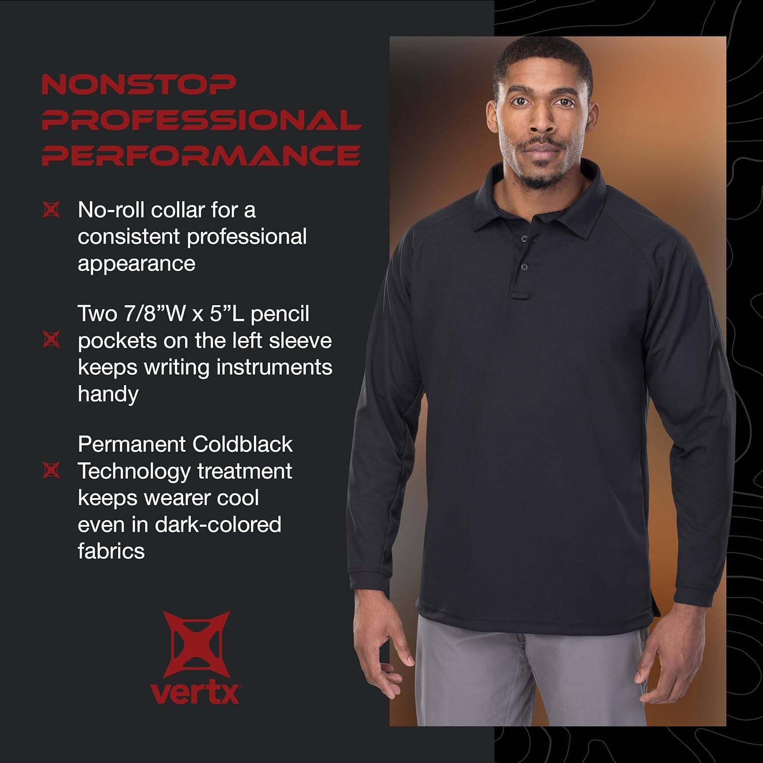 VERTX Mens Coldblack Long-Sleeve Tactical Polo Shirt