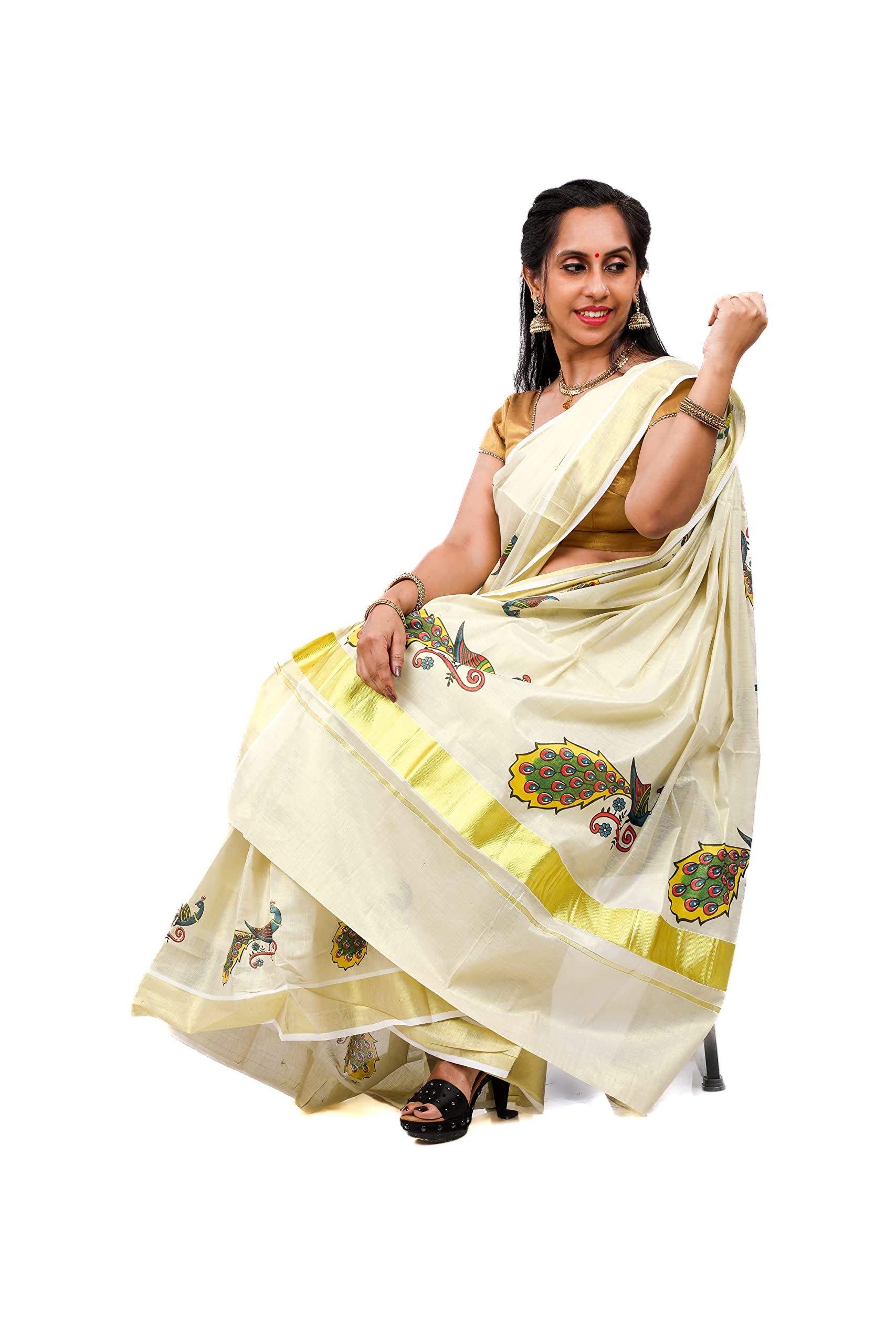 Kuthampully Women's Kasavu Tissue Cotton Saree With Running Blouse - Multi color KPSS-297