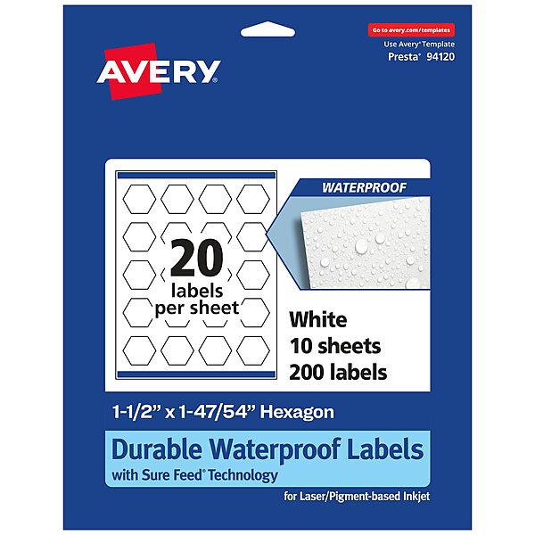 AVERY Durable Waterproof Hexagon Labels, Sure Feed Technology, 1-1/2" x 1-47/54"