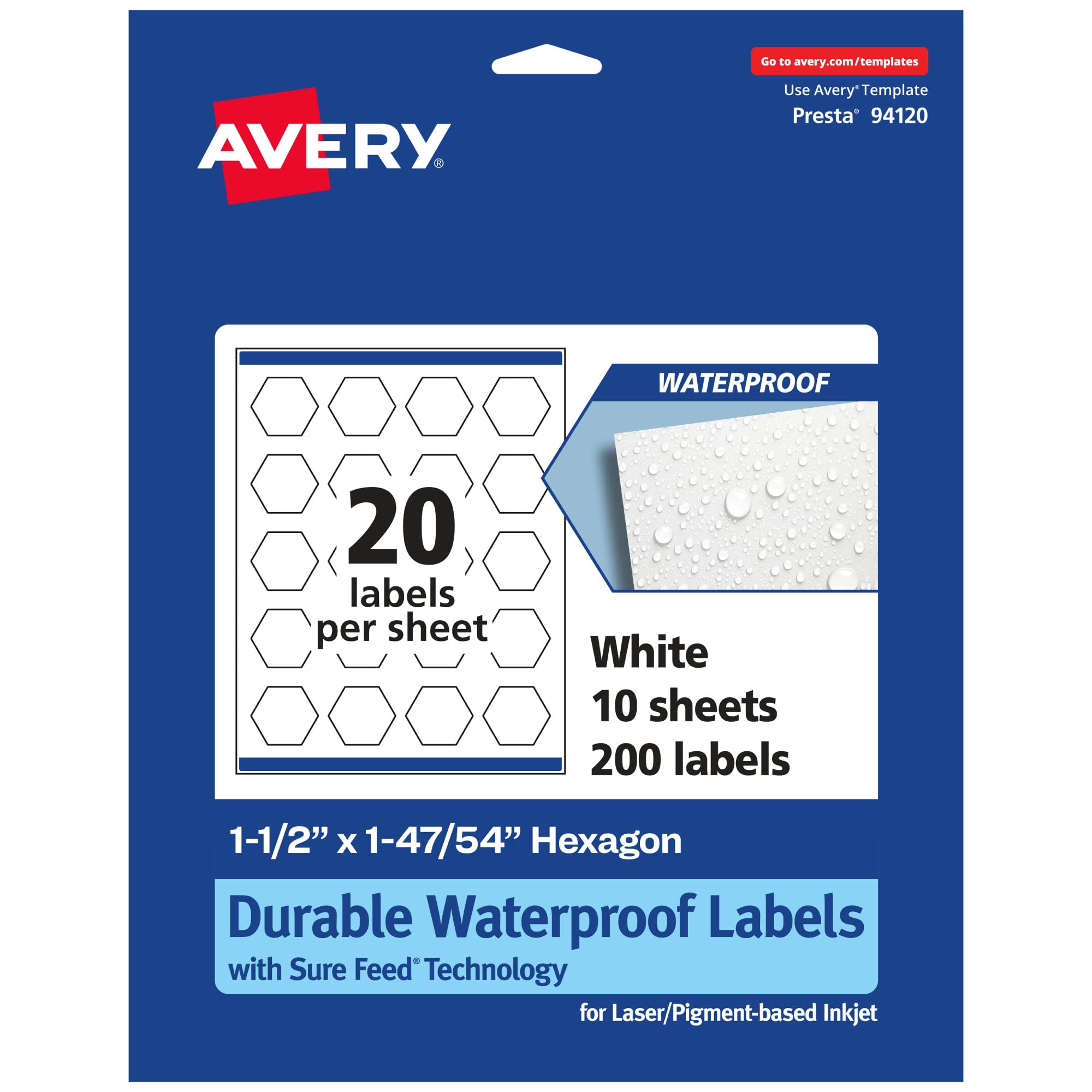 AVERY Durable Waterproof Hexagon Labels, Sure Feed Technology, 1-1/2" x 1-47/54"