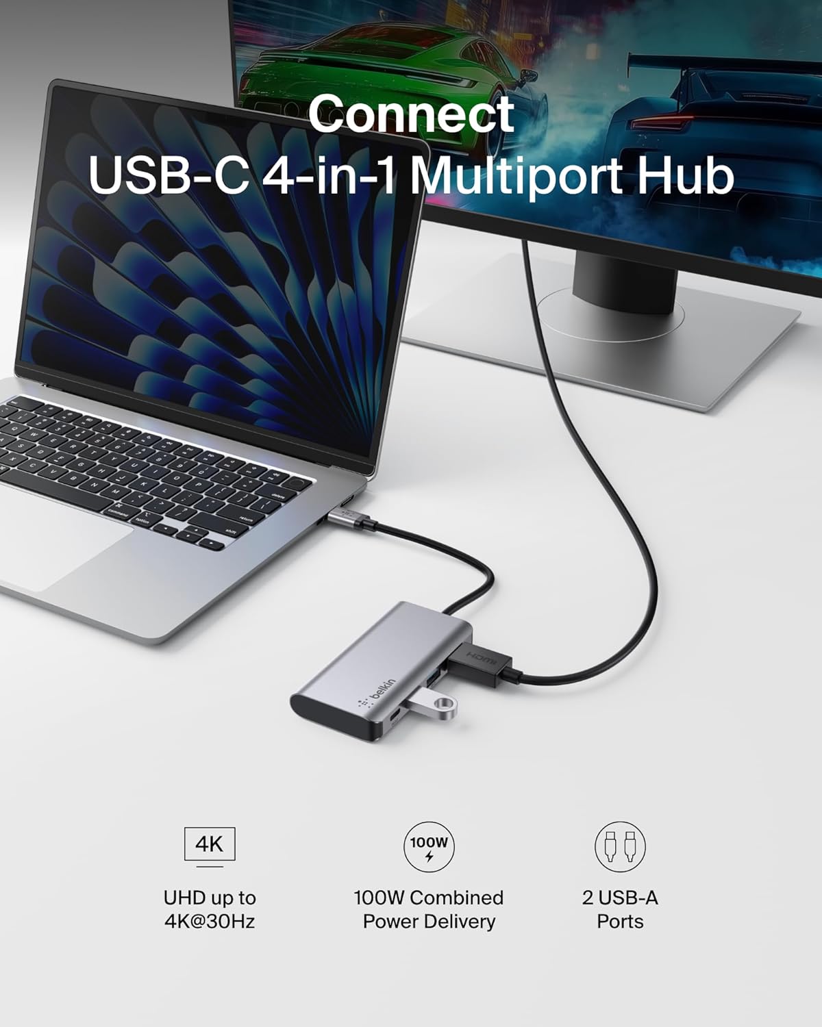 Belkin USB C Hub, 4-in-1 Multi-Port Laptop Dock with 4K HDMI, USB C Docking Station with 100 Watt Pass-Through Power