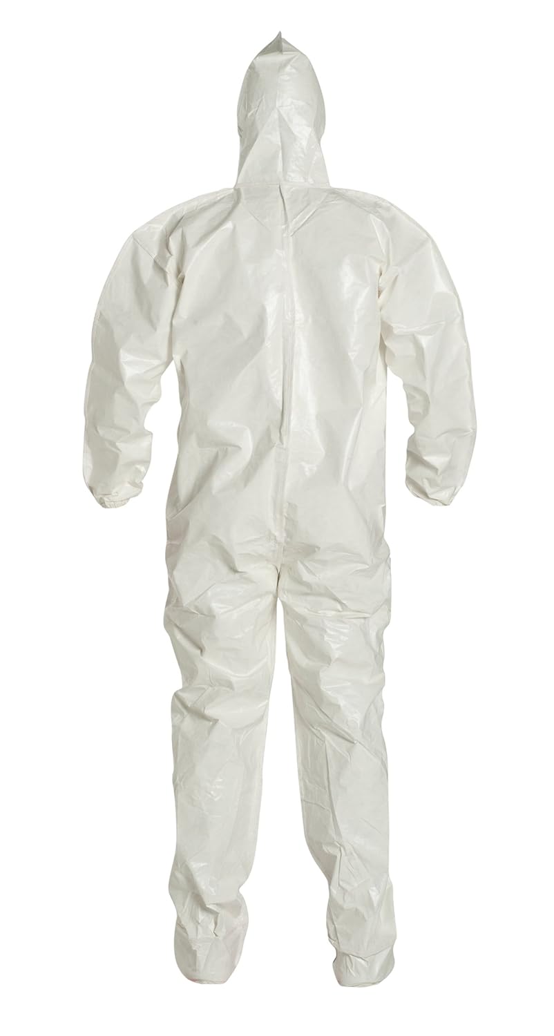 DuPont Tychem 4000 SL122B Chemical Resistant Coverall with Hood and Boots, Disposable, Bound Seams, Elastic Cuff, White