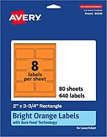 Avery Printable Rectangle Labels, Sure Feed Technology, 2" x 3.75", Bright Orange, Print-to-The-Edge, Laser/Inkjet Printable