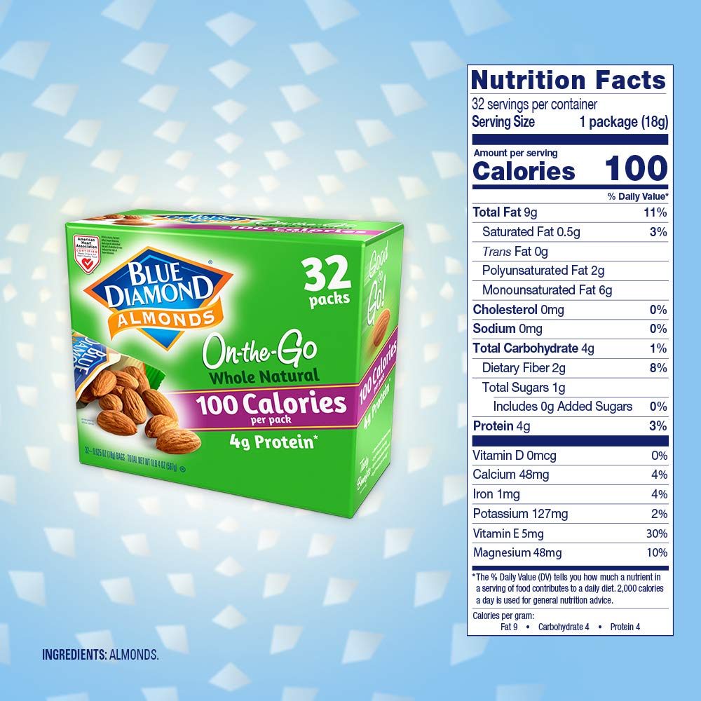 Blue Diamond Almonds Whole Natural Raw Snack Nuts, 100 Calorie Travel Bags, 32 count