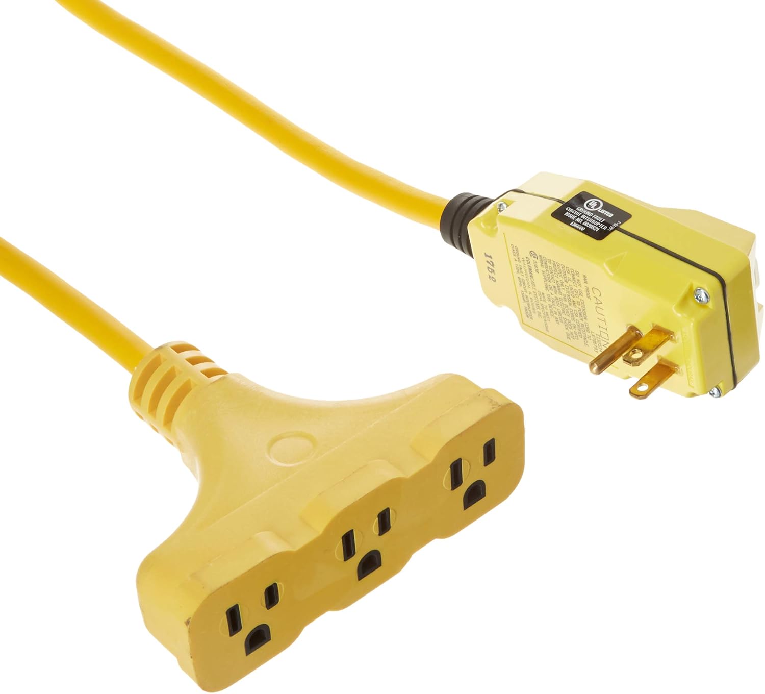 Coleman Cable 148802296 Southwire 120V/15A Right Angle GFCI 12/3 SJEOW Cord Set with Tri-Source Receptacle, 50-Foot, Yellow