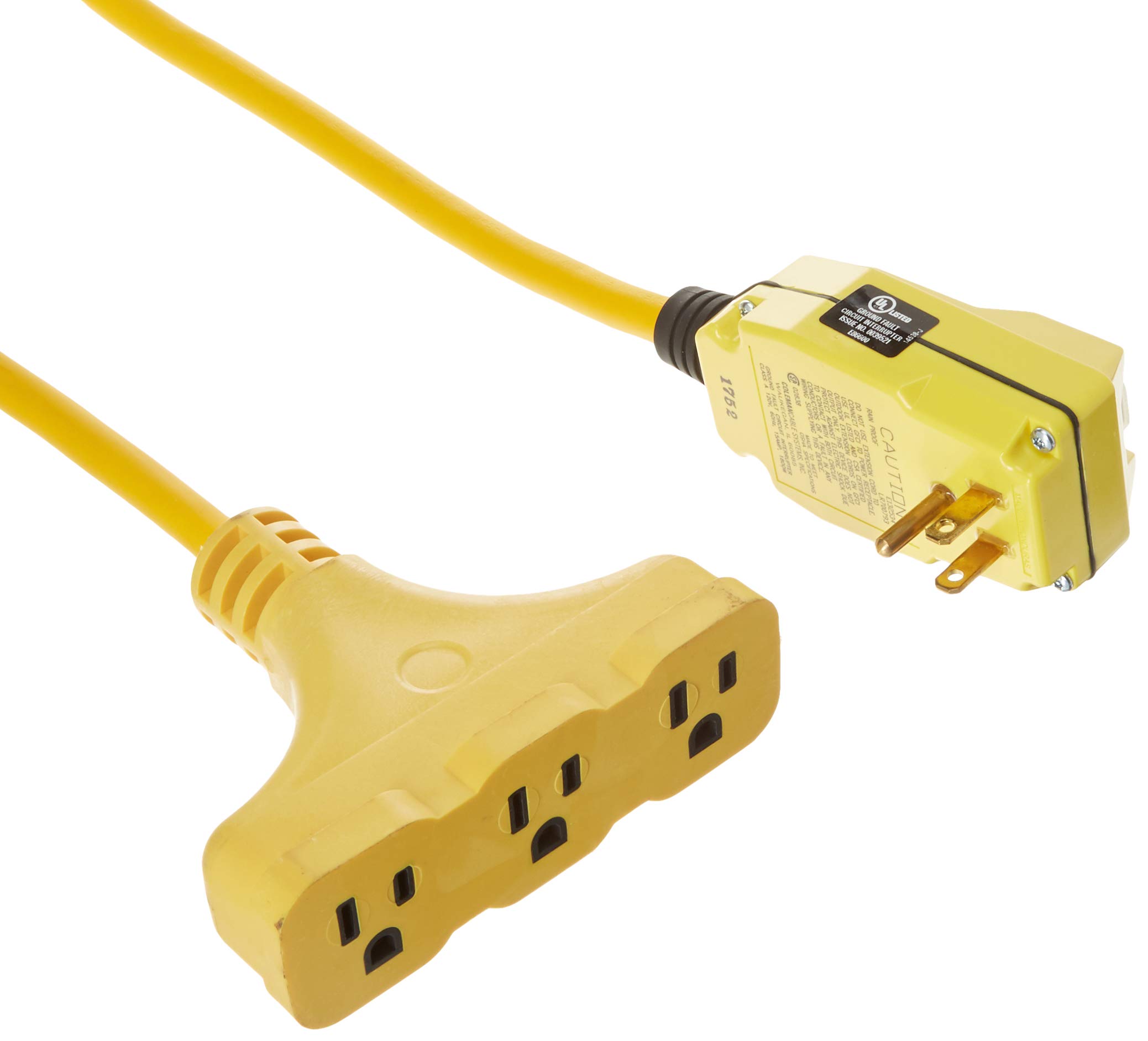 Coleman Cable 148802296 Southwire 120V/15A Right Angle GFCI 12/3 SJEOW Cord Set with Tri-Source Receptacle, 50-Foot, Yellow