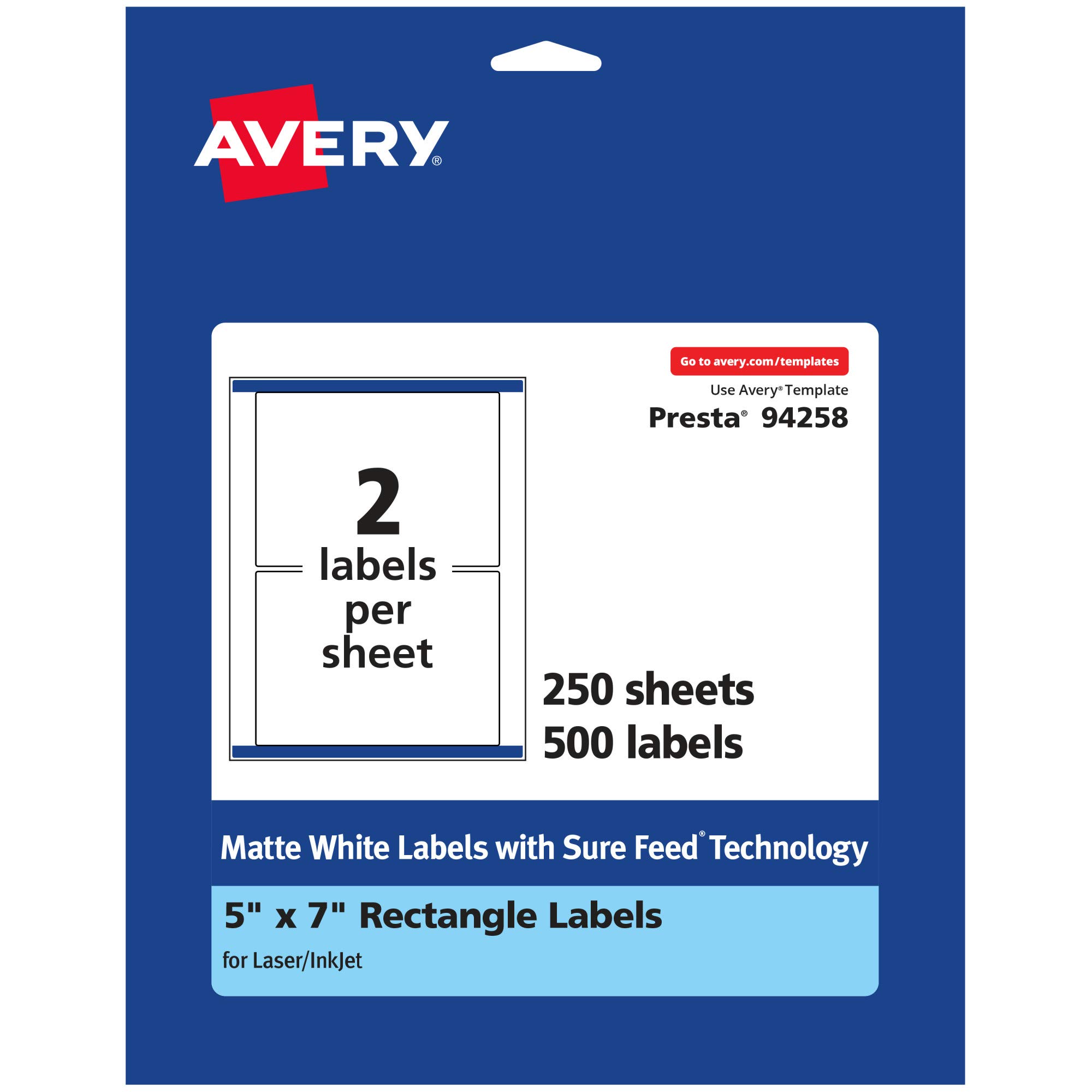 Avery Matte White Rectangle Labels, Sure Feed Technology, 5" x 7"