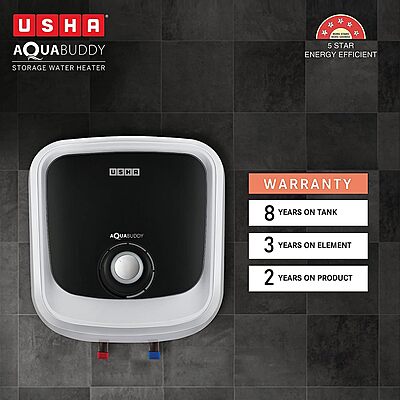 A diagram illustrating the Whirl Flow Technology inside the Usha Aquabuddy 15L geyser.