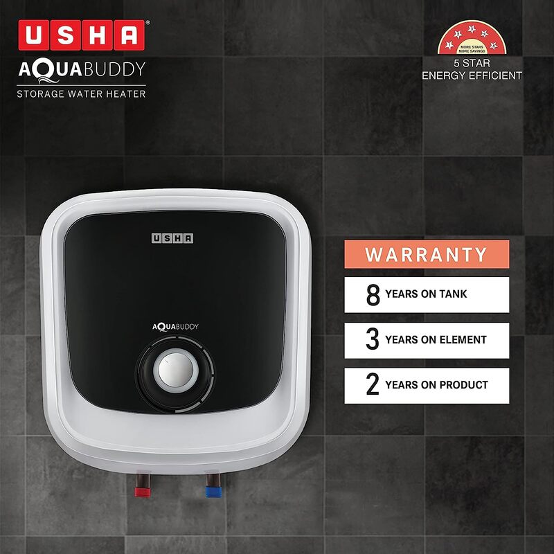A diagram illustrating the Whirl Flow Technology inside the Usha Aquabuddy 15L geyser.