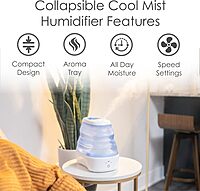Crane Collapsible Cool Mist Humidifier for Bedroom and Office, 1 Gallon Portable Humidifier for Travel and Easy Storage