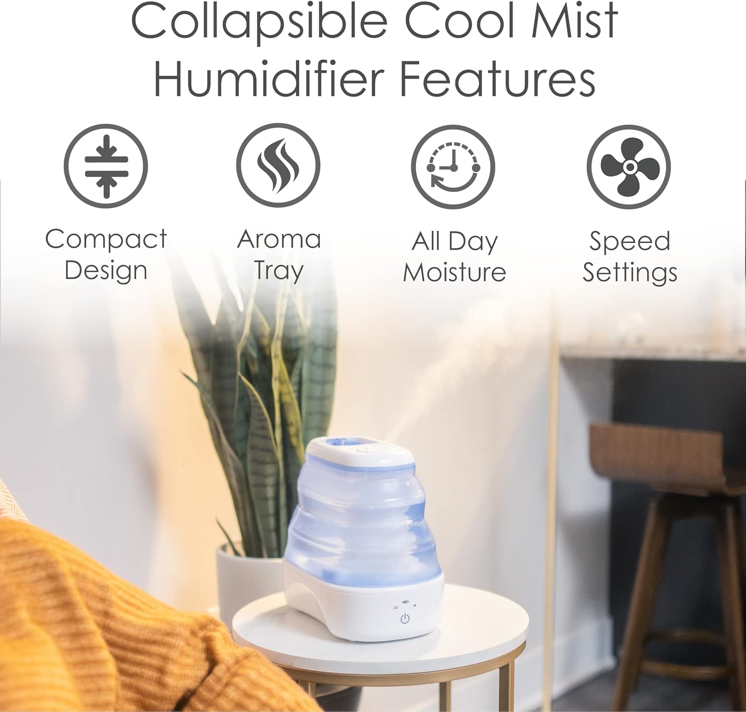 Crane Collapsible Cool Mist Humidifier for Bedroom and Office, 1 Gallon Portable Humidifier for Travel and Easy Storage