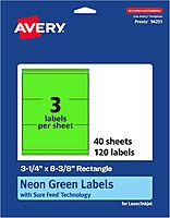 AVERY Printable Rectangle Labels, Sure Feed Technology, 3-1/4" x 8-3/8", Neon Green, Laser/Inkjet Printable