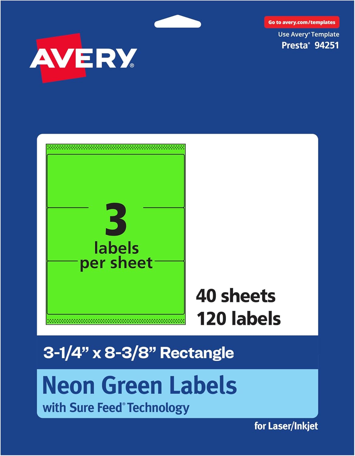 AVERY Printable Rectangle Labels, Sure Feed Technology, 3-1/4" x 8-3/8", Neon Green, Laser/Inkjet Printable