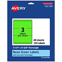 AVERY Printable Rectangle Labels, Sure Feed Technology, 3-1/4" x 8-3/8", Neon Green, Laser/Inkjet Printable