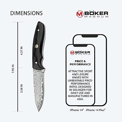 Böker MAGNUM® Vernery Damascus Knife - Hunting knife with leather sheath black - Fixed blade knife with Damascus steel Droppoint blade 67 layers - ebony wood handle