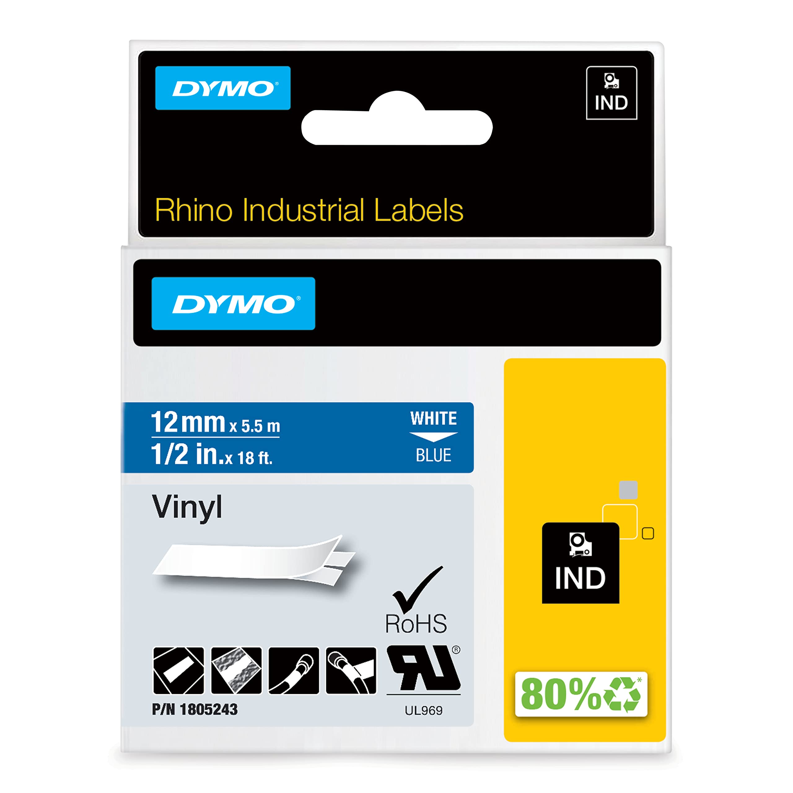 DYMO Rhino Industrial Adhesive Vinyl Label Tape 1/2in x 18ft