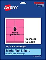 Avery Printable Rectangle Labels, Sure Feed Technology, 3-1/3" x 4", Bright Pink, Laser/Inkjet Printable