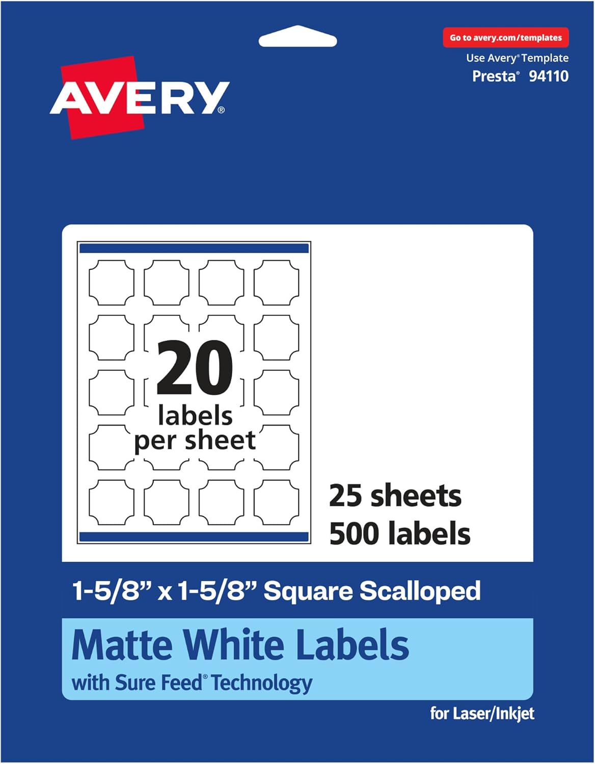 Avery Matte White Square Scalloped Labels, Sure Feed Technology, 1-5/8" x 1-5/8"