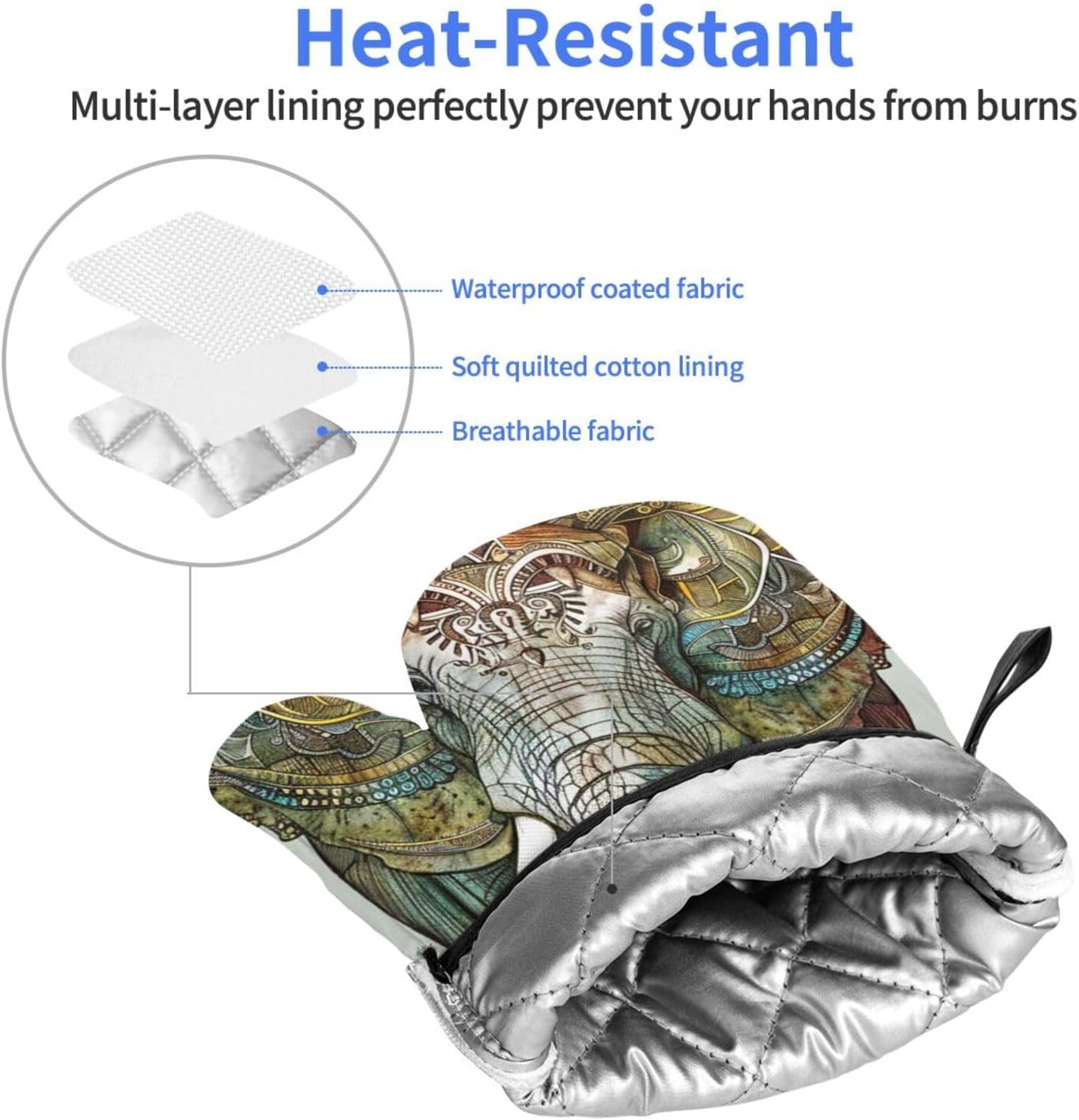 Elephant Print Printed Oven Mitts 2pcs - Heat Resistant Waterproof Fabric Oven Gloves for Kitchen, Baking