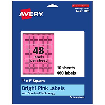 AVERY Printable Square Labels, Sure Feed Technology, 1" x 1", Bright Pink, Print-to-the-Edge