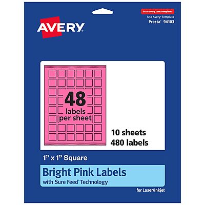 AVERY Printable Square Labels, Sure Feed Technology, 1" x 1", Bright Pink, Print-to-the-Edge