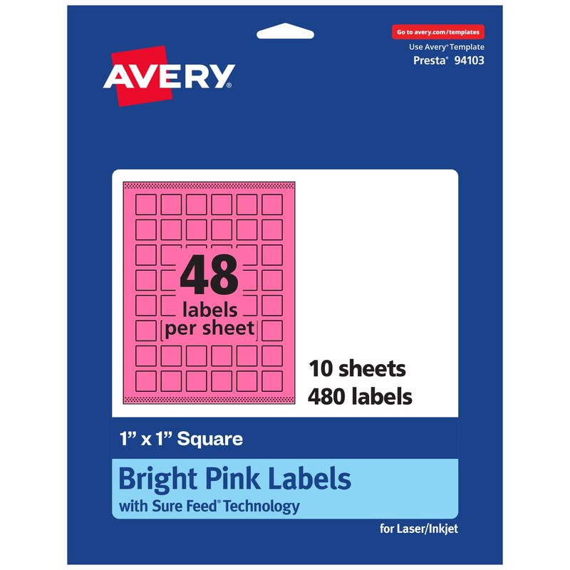 AVERY Printable Square Labels, Sure Feed Technology, 1" x 1", Bright Pink, Print-to-the-Edge
