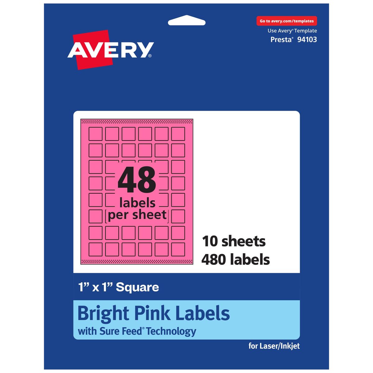 AVERY Printable Square Labels, Sure Feed Technology, 1" x 1", Bright Pink, Print-to-the-Edge