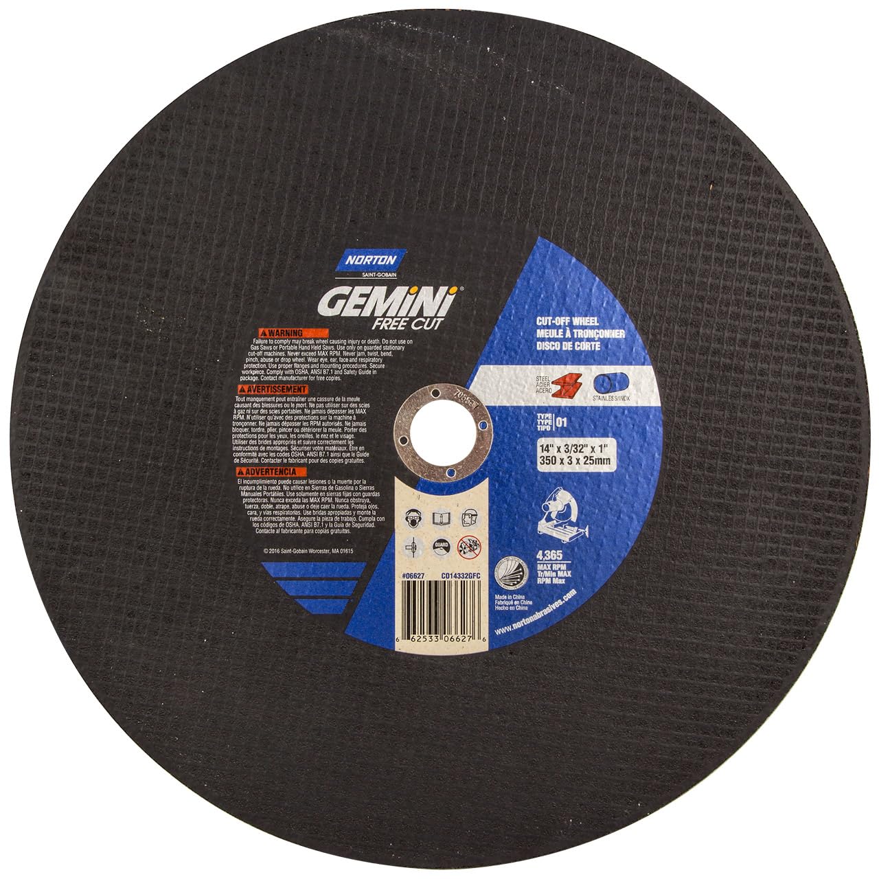 Norton 66253306627 14x3/32x1 in. Gemini AO Chop Saw Cut-Off Wheels, Fast Cut, Type 01/41, 36 Grit, 10 Pack