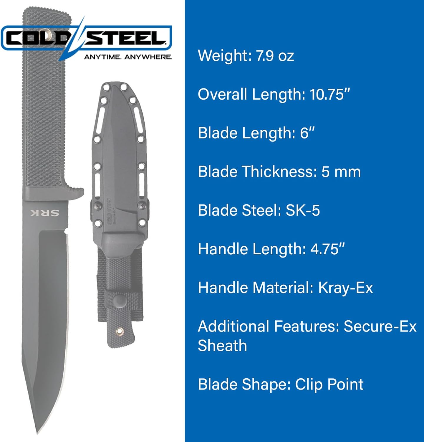 COLD STEEL SRK Tactical Fixed Blade Knife w/Secure-Ex Sheath