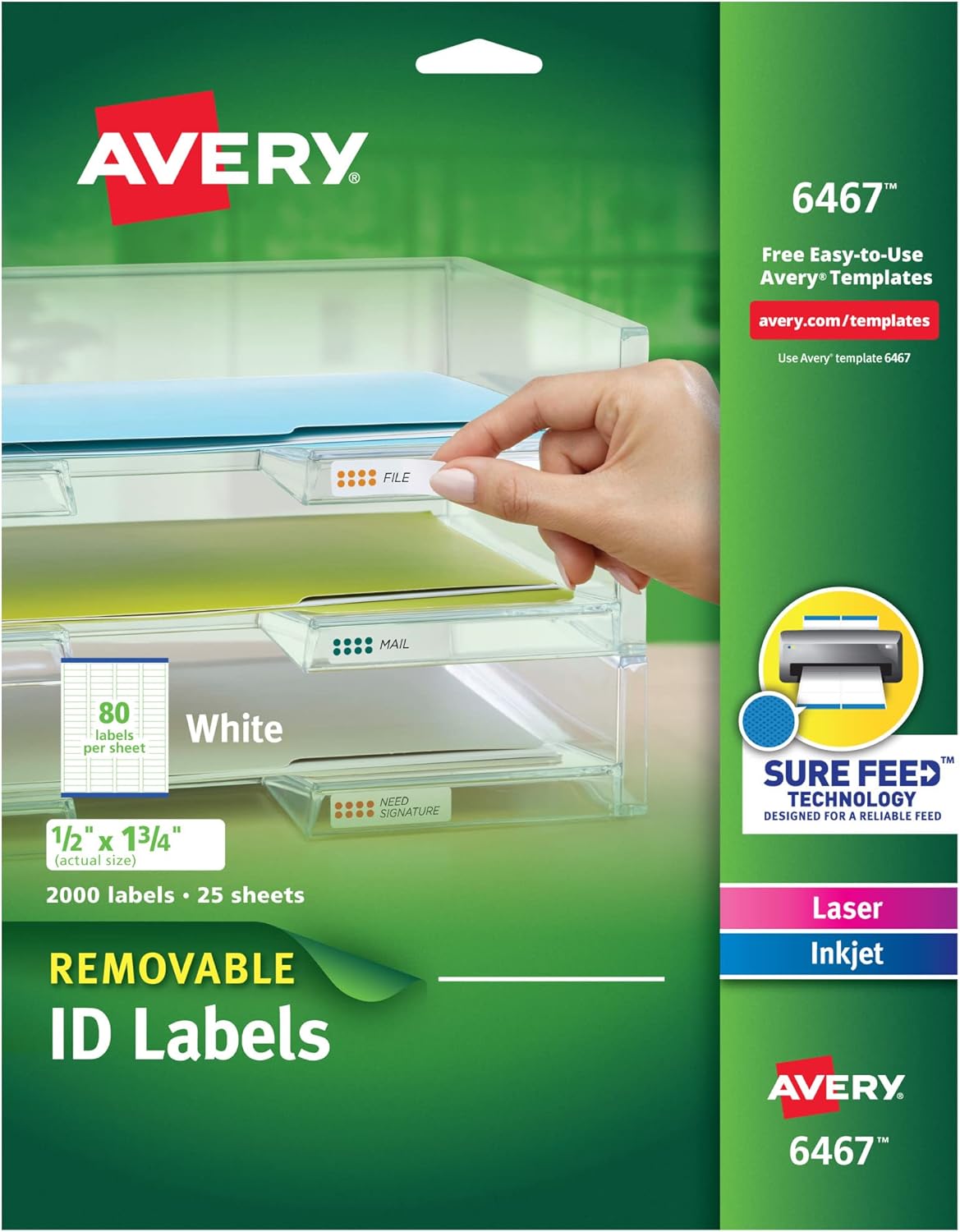 Avery Removable ID Labels With Sure Feed Technology, 6467, Rectangle, 1/2in x 1-3/4in, White, Pack Of 2,000