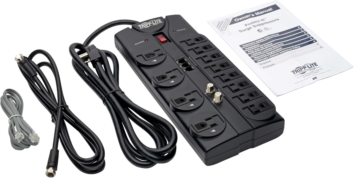 TRIPP LITE 12-Outlet Surge Protector Power Strip with Tel/Modem Protection, 8 ft Right-Angle Cord