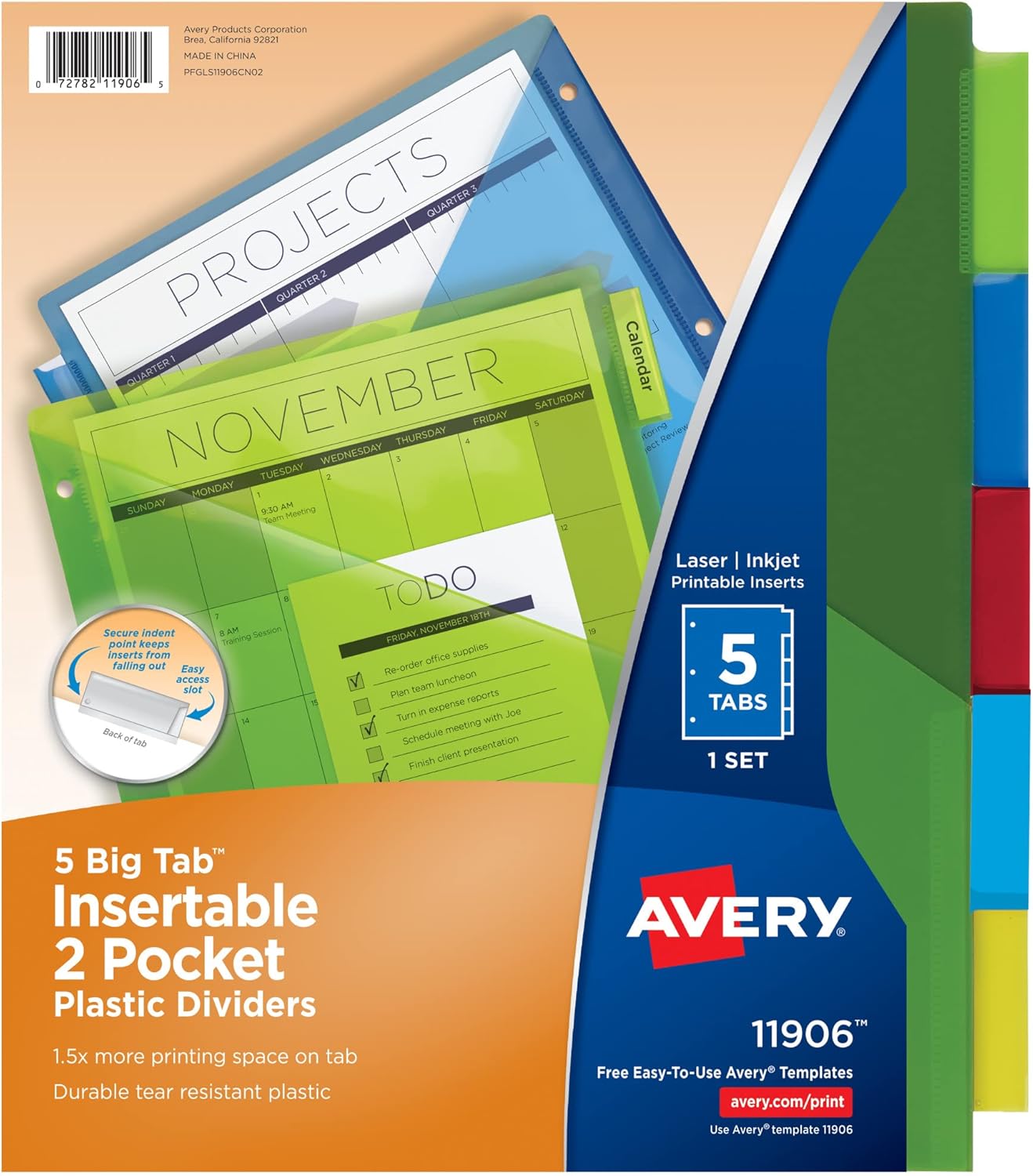 AVERY Dividers for 3-Ring Binders, Big Tab Insertable Two-Pocket Plastic Dividers, Multicolor